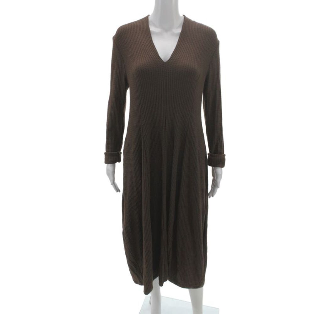 Alembika Women Trapeze Swing Brown V Neck Long Sleeve Mid Calf Dress Size 2
